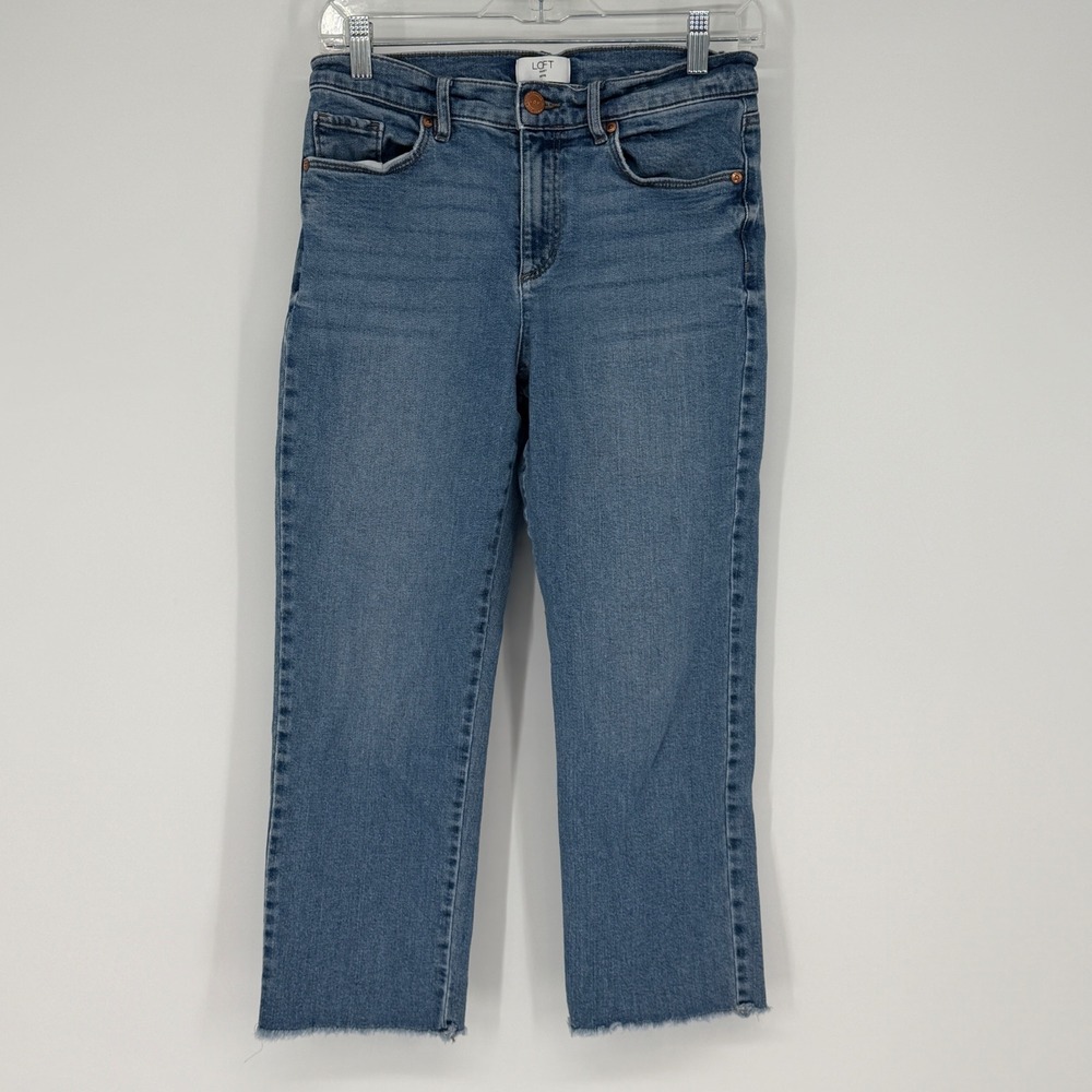 LOFT Petite Straight Crop Jeans Womens Size 28 6 Blue‎ Frayed Hem Denim